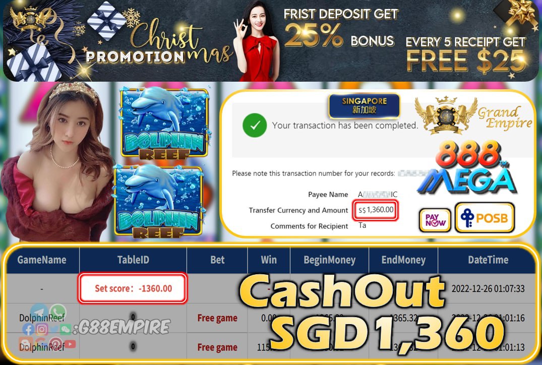 MEGA888 ~ DOLPHINREEF CASHOUT SGD1360!!!