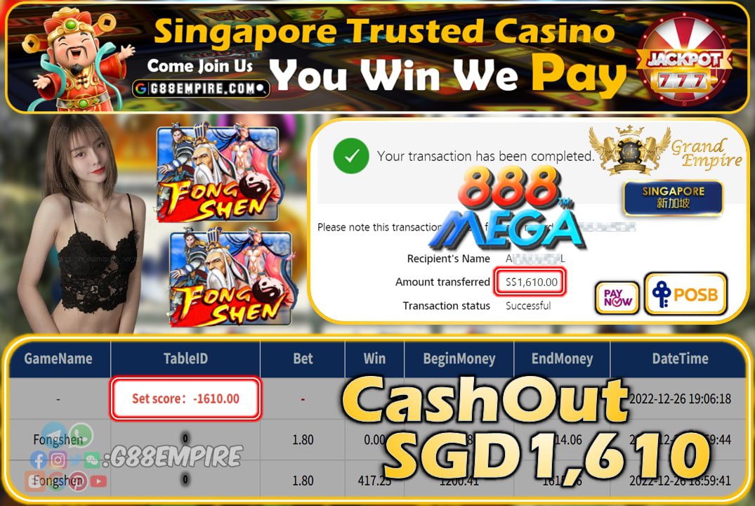 MEGA888 ~ FONGSHEN CASHOUT SGD1610!!!