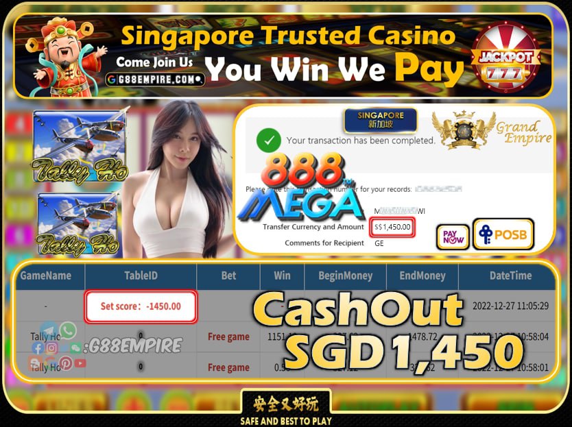 MEGA888 ~ TALLY HO CASHOUT SGD1450 !!!