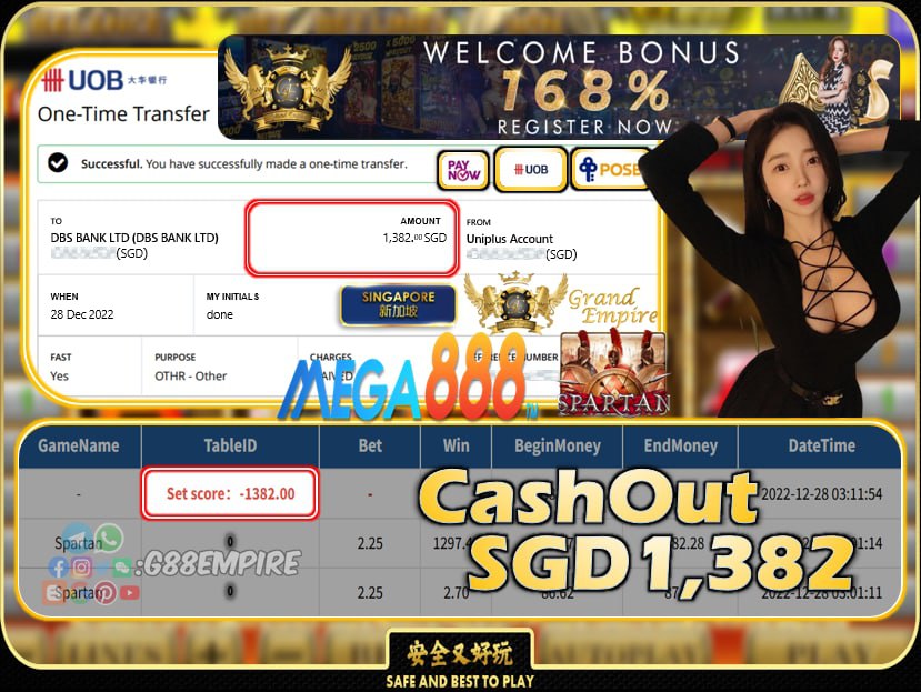 MEGA888 ~ SPARTAN CASHOUT SGD1382!!!