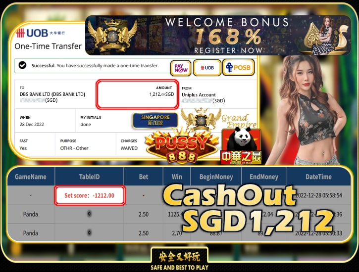 PUSSY888 ~ PANDA CASHOUT SGD1212!!!