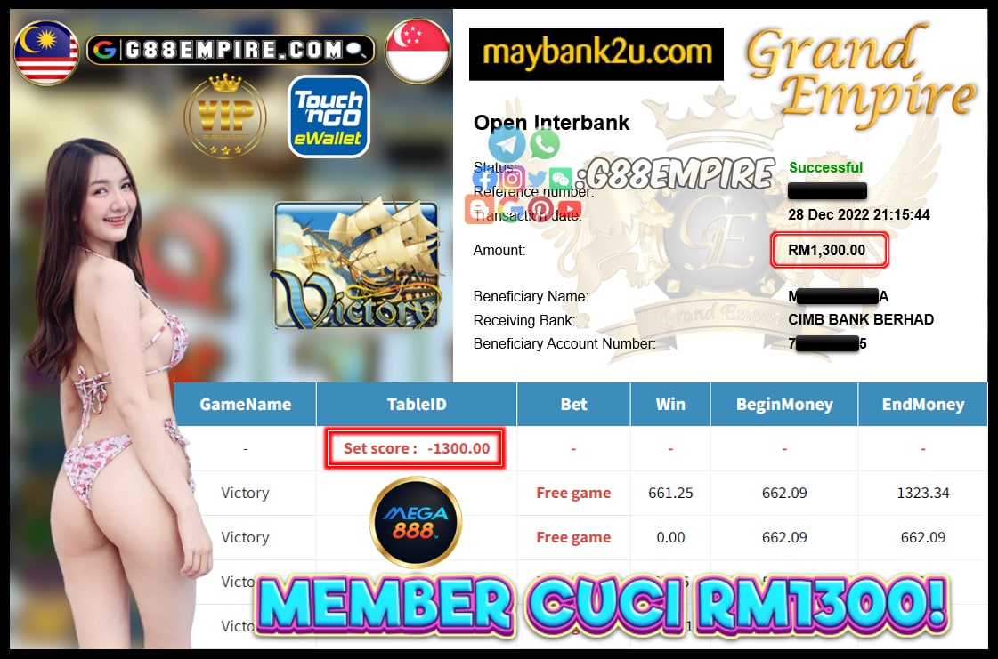 MEGA888 VICTORY CUCI RM1300!!!