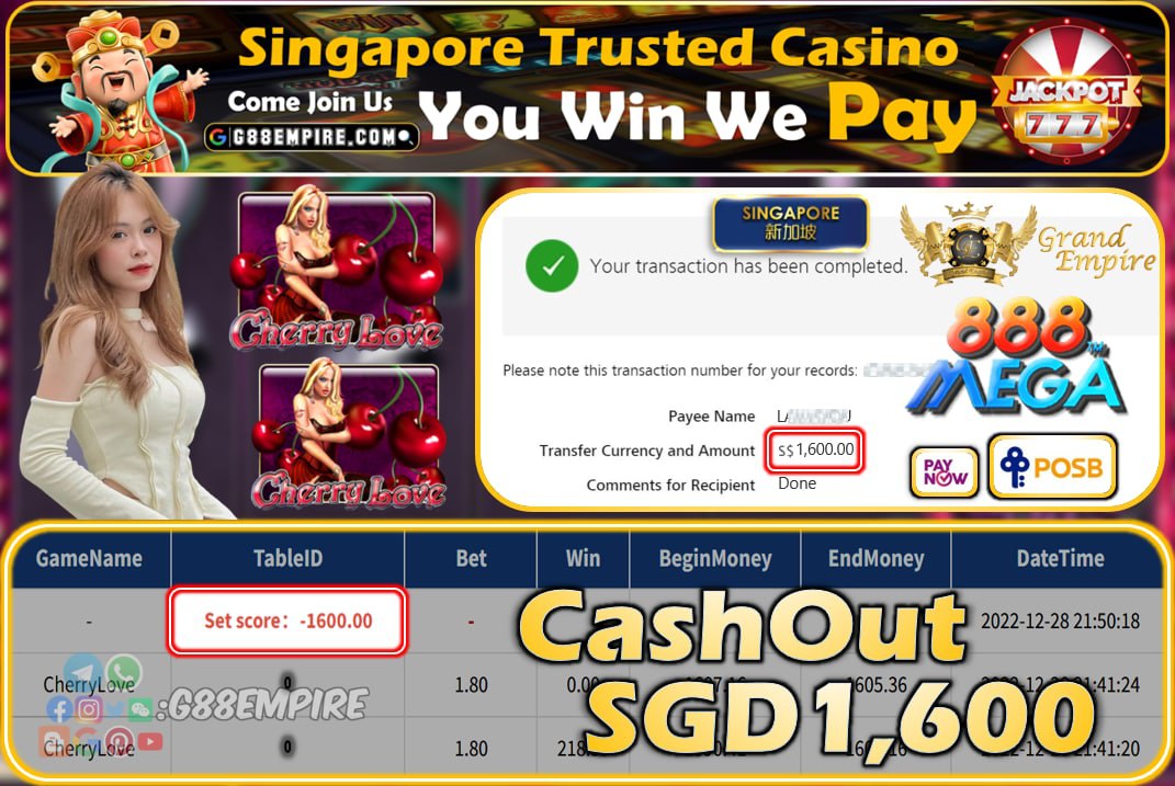 MEGA888 ~ CHERRYLOVE CASHOUT SGD1600!!!