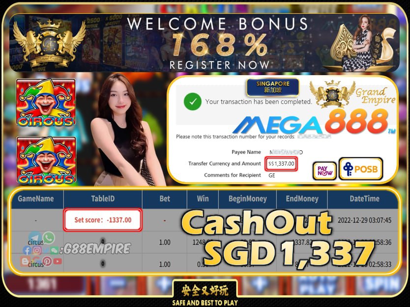 MEGA888 ~ CIRCUS CASHOUT SGD1337!!