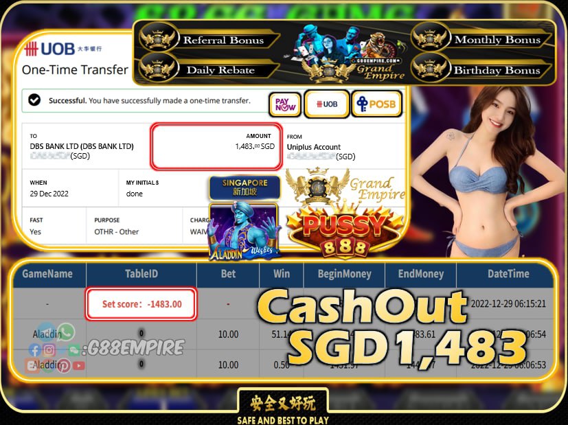 PUSSY888 ~ ALADDIN CASHOUT SGD1483!!