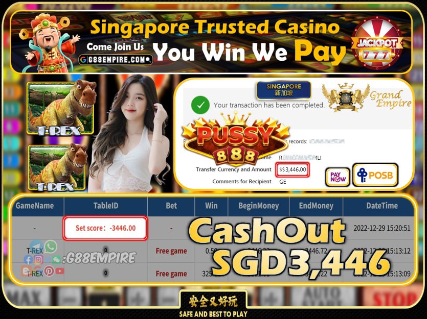 PUSSY888 ~ T-REX CASHOUT SGD3446 !!!