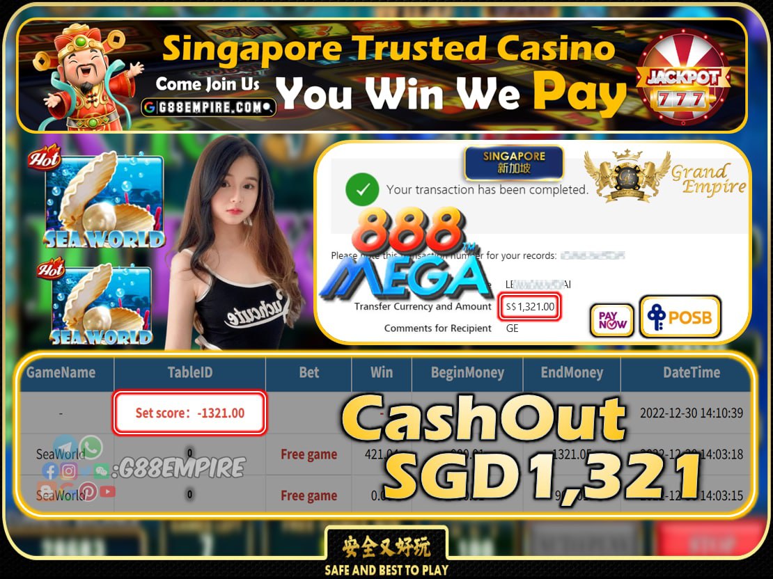 MEGA888 ~ SEAWORLD CASHOUT SGD1321 !!!