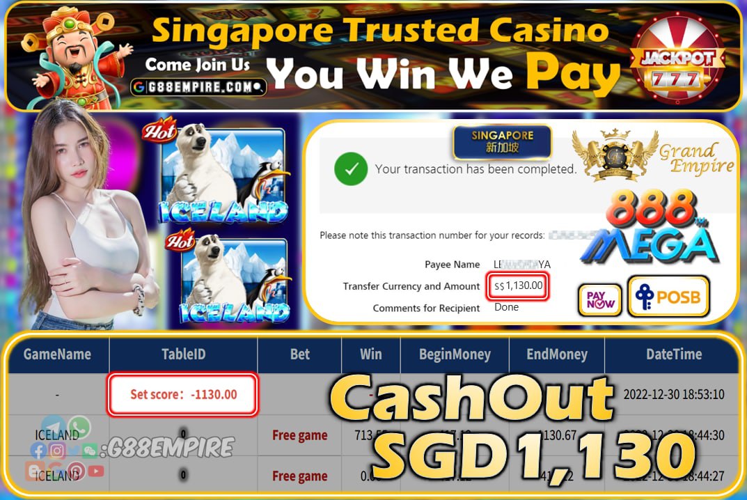 MEGA888 ~ ICELAND CASHOUT SGD1130!!!