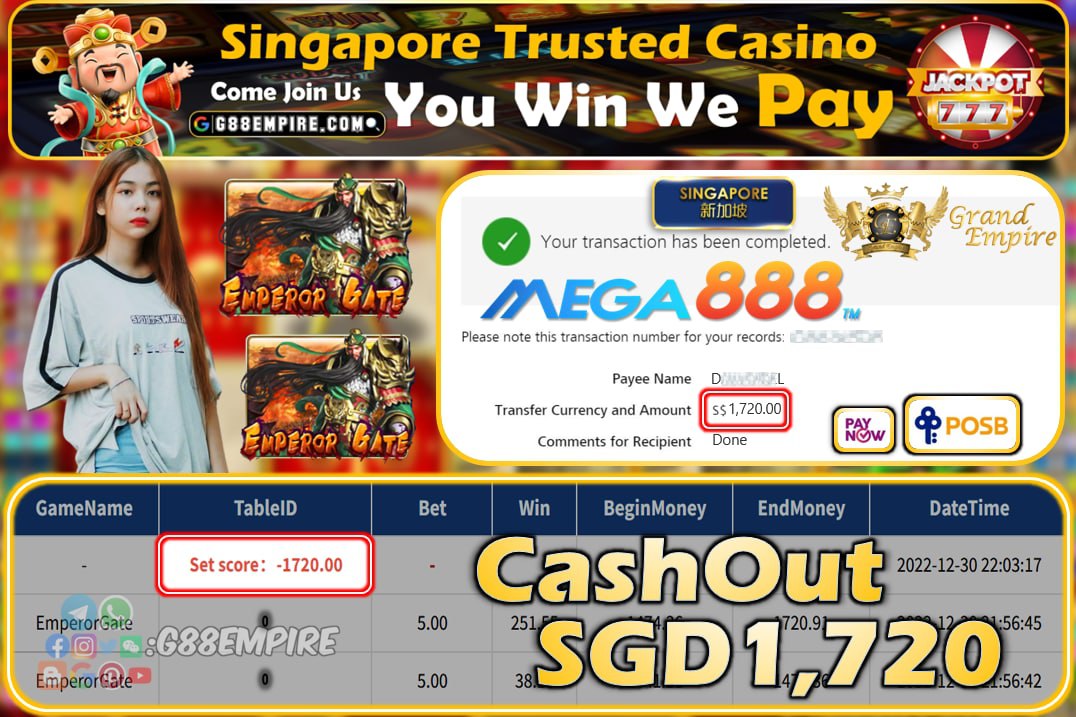 MEGA888 ~ EMPERORGATE CASHOUT SGD1720!!!