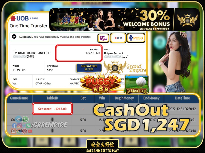 PUSSY888 ~ GOLDENTOUR  CASHOUT SGD1247!!!