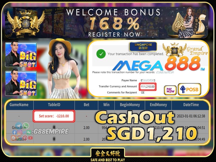 MEGA888 ~ BIGSHOT CASHOUT SGD1210!!!