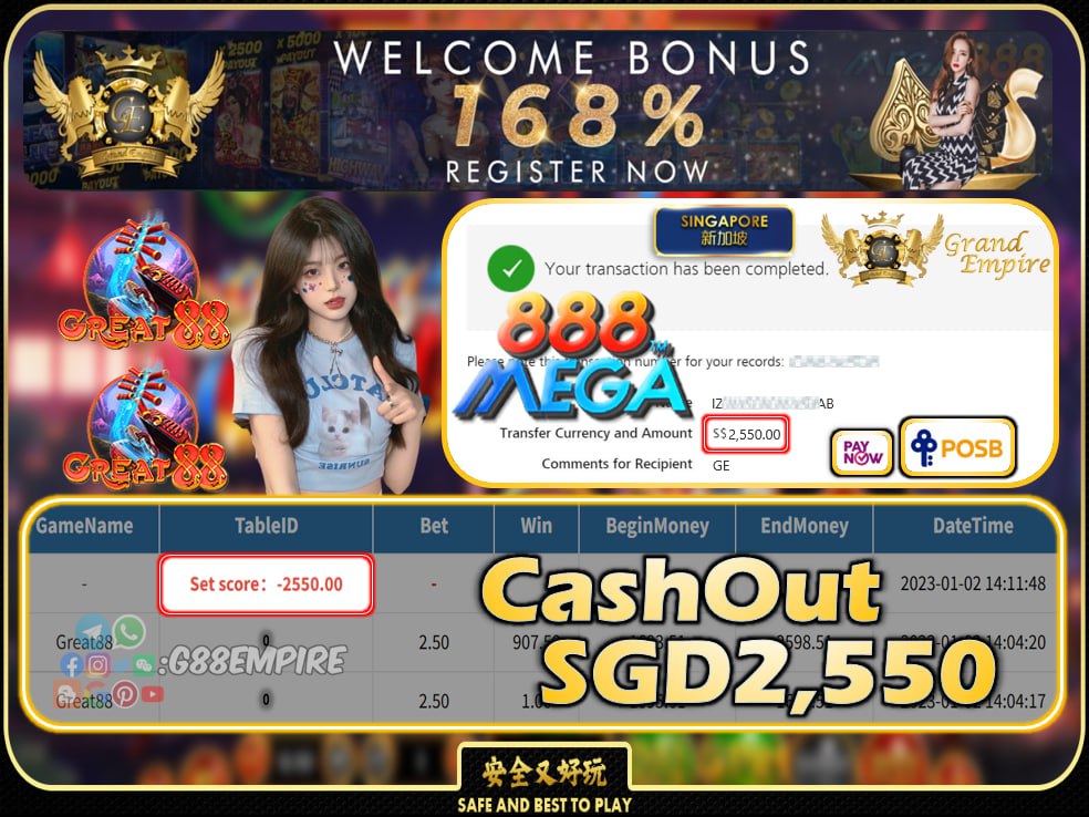 MEGA888 ~ GREAT88 CASHOUT SGD2550 !!!