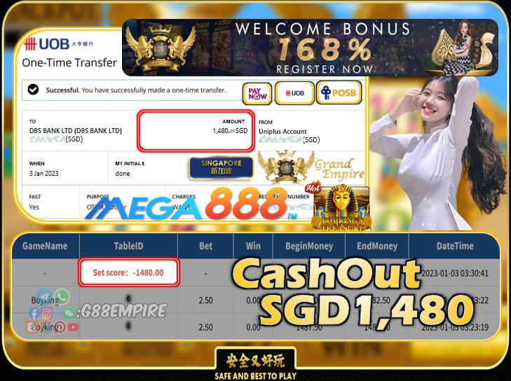 MEGA888 ~ BOYKING CASHOUT SGD1480!!!