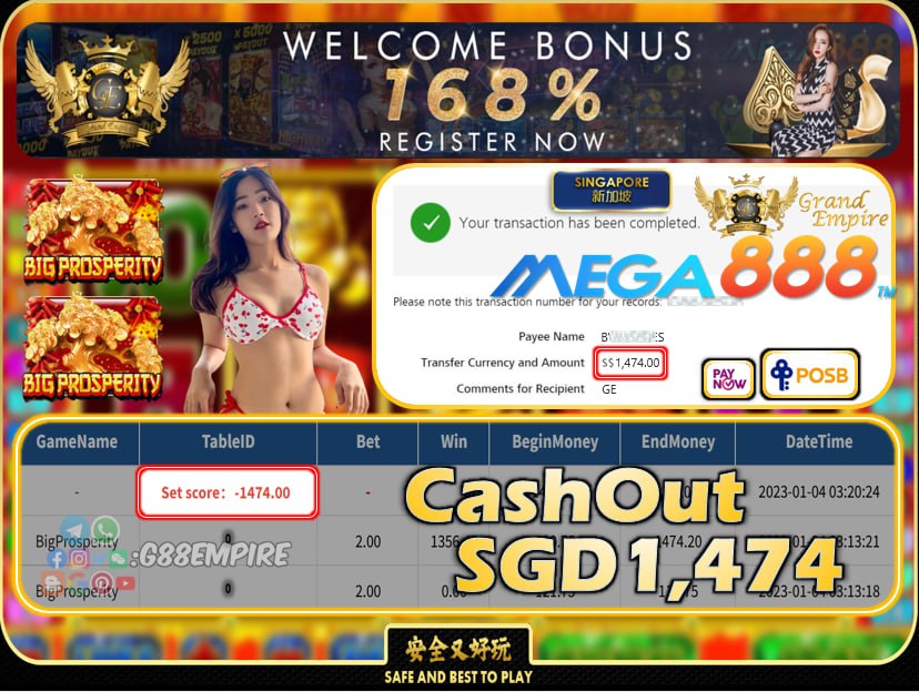 MEGA888 ~ BIGPROSPERITY CASHOUT SGD1474!!!