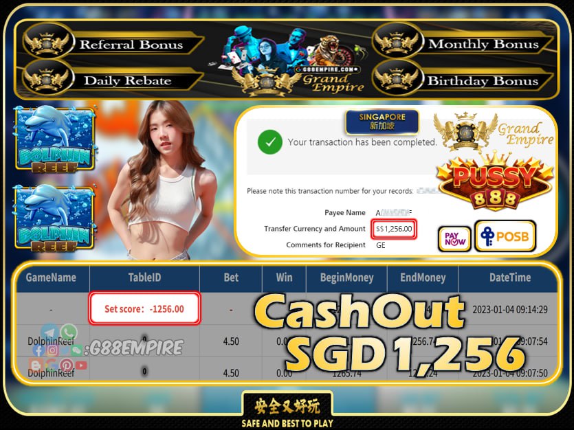 PUSSY888 ~ DOLPHINREEF CASHOUT SGD1256!!!