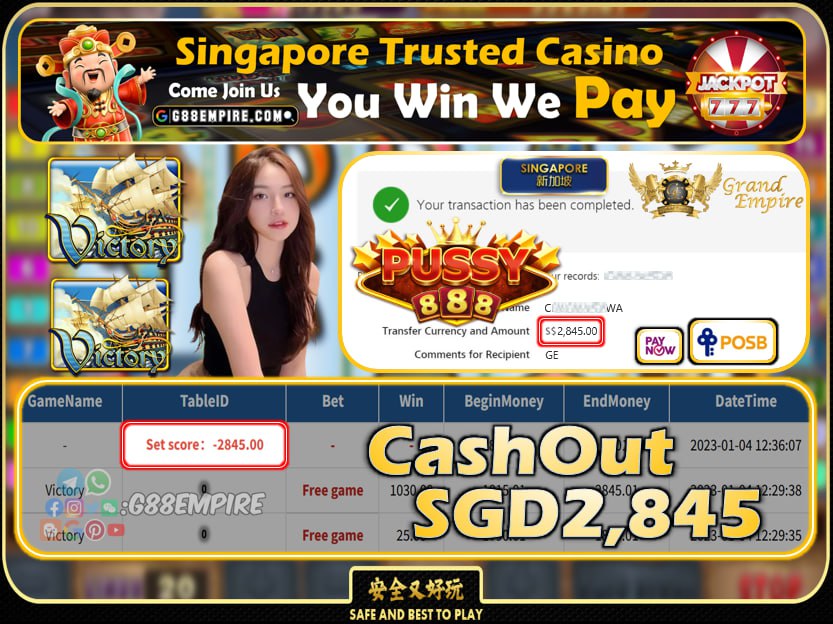 PUSSY888 ~ VICTORY CASHOUT SGD2845 !!!