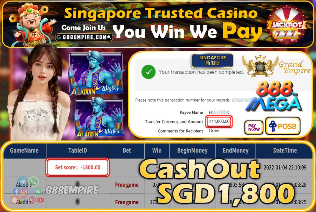 MEGA888 ~ ALADDIN CASHOUT SGD1800!!!