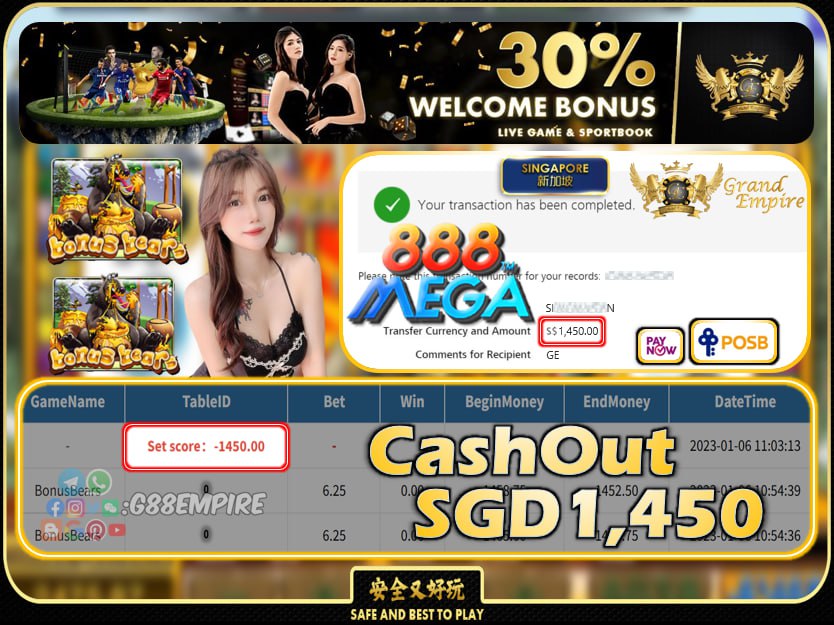 MEGA888 ~ BONUSBEARS CASHOUT SGD1450 !!!