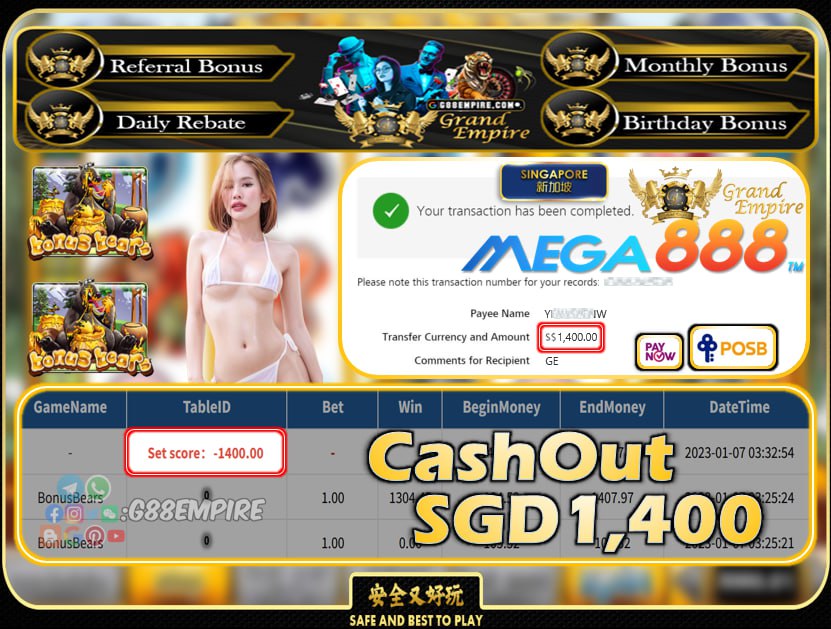 MEGA888 ~ BONUSBEARS CASHOUT SGD1400!!!