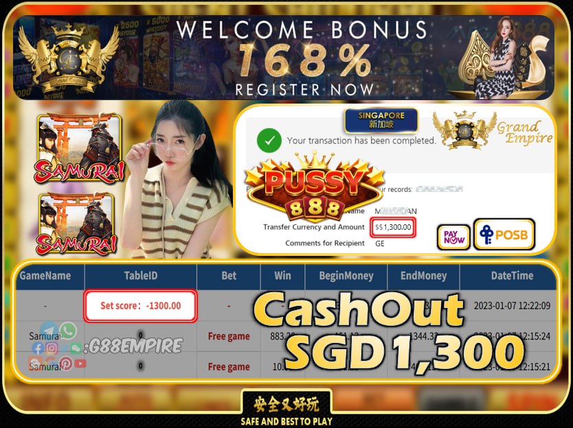 PUSSY888 ~ SAMURAI CASHOUT SGD1300 !!!