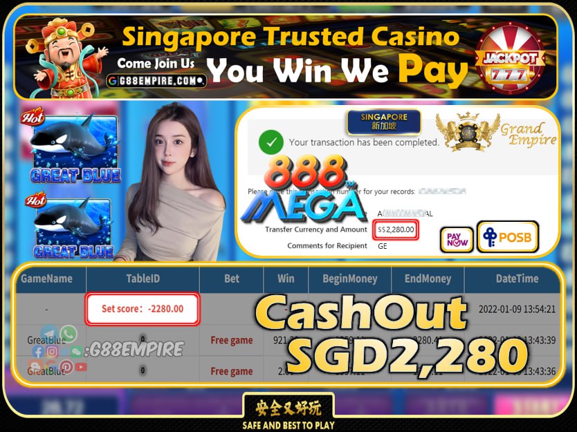 MEGA888 ~ GREATBLUE CASHOUT SGD2280 !!!