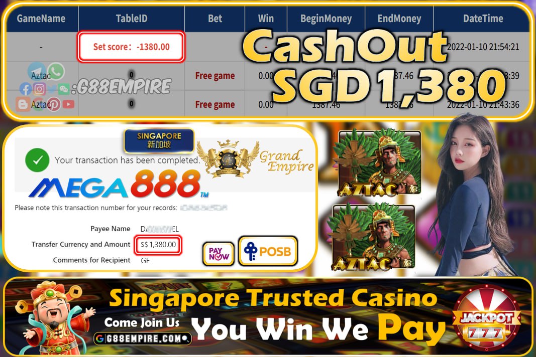 MEGA888 ~ AZTEZ CASHOUT SGD1380!!!