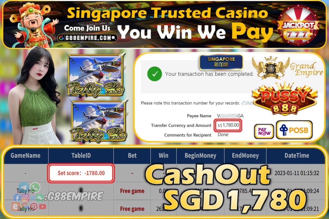 PUSSY888 ~ TALLY  HO CASHOUT SGD1780!!!