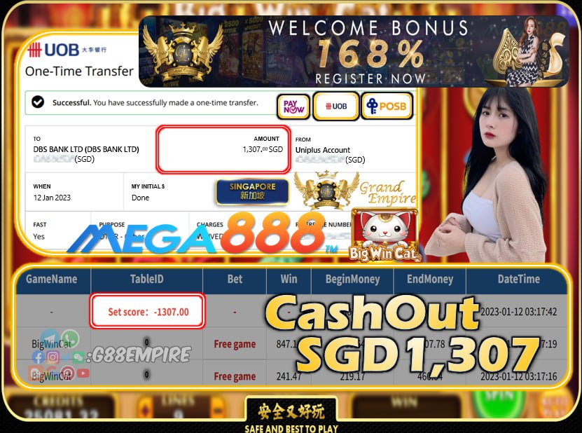 MEGA888 ~ BIGCATWIN CASHOUT SGD1307!!!