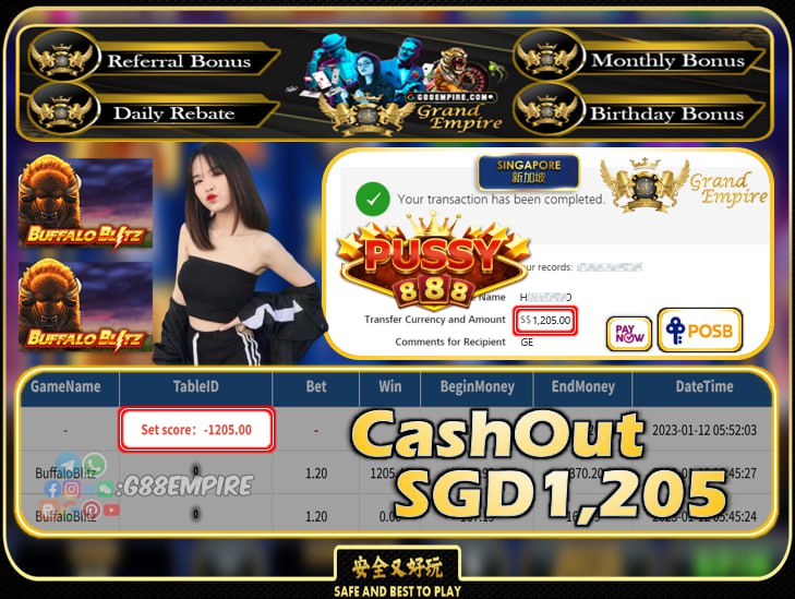 PUSSY888 ~ BUFFALOBLITZ CASHOUT SGD1205!!!