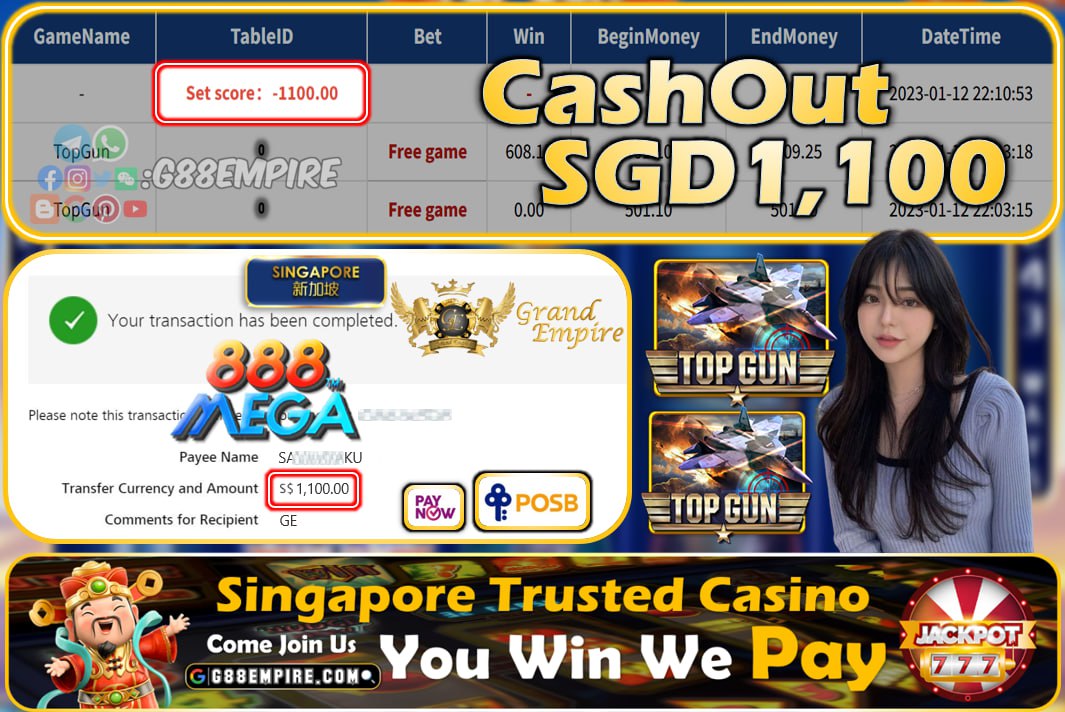 MEGA888 ~ TOPGUN CASHOUT SGD1100!!!