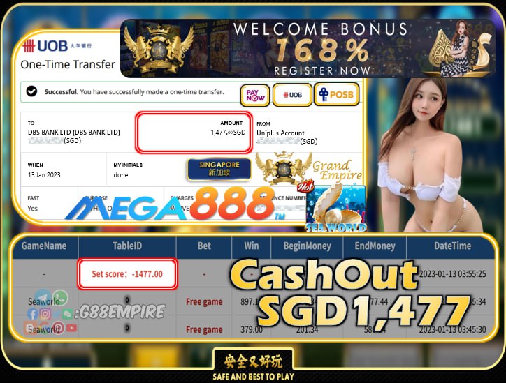 MEGA888 ~ SEAWORLD CASHOUT SGD1477!!!