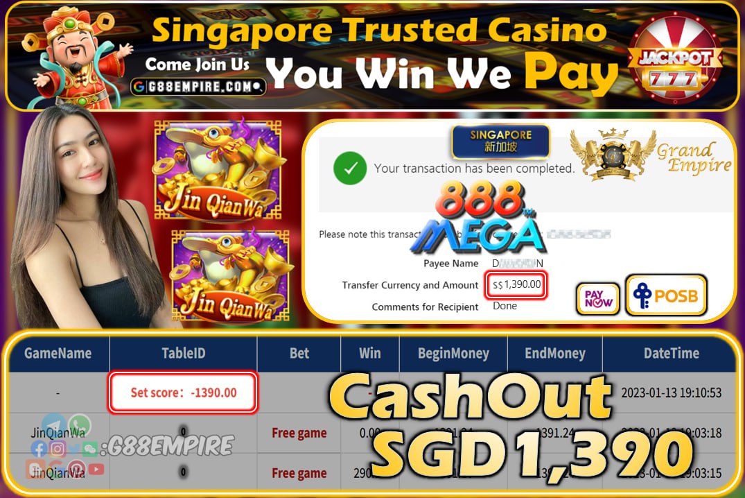 MEGA888 ~ JINQIANWA CASHOUT SGD1390!!!