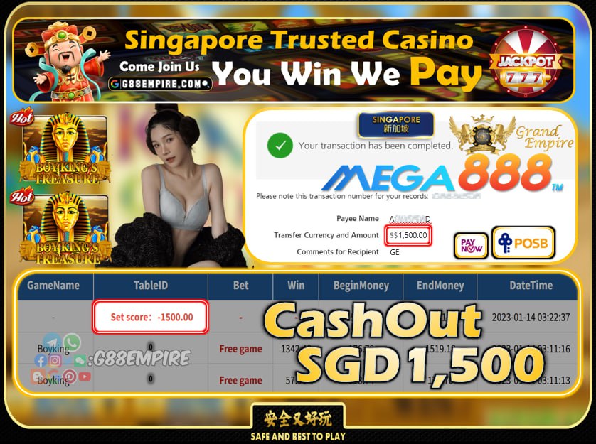 MEGA888 ~ BOYKING CASHOUT SGD1500!!!