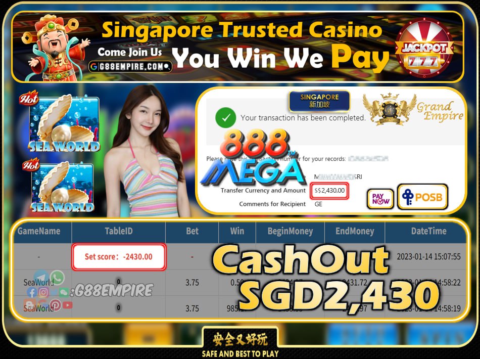 MEGA888 ~ SEAWORLD CASHOUT SGD2430 !!!