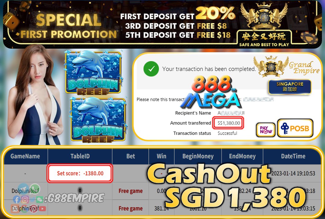 MEGA888 ~ DOLPHINREEF CASHOUT SGD1380!!!