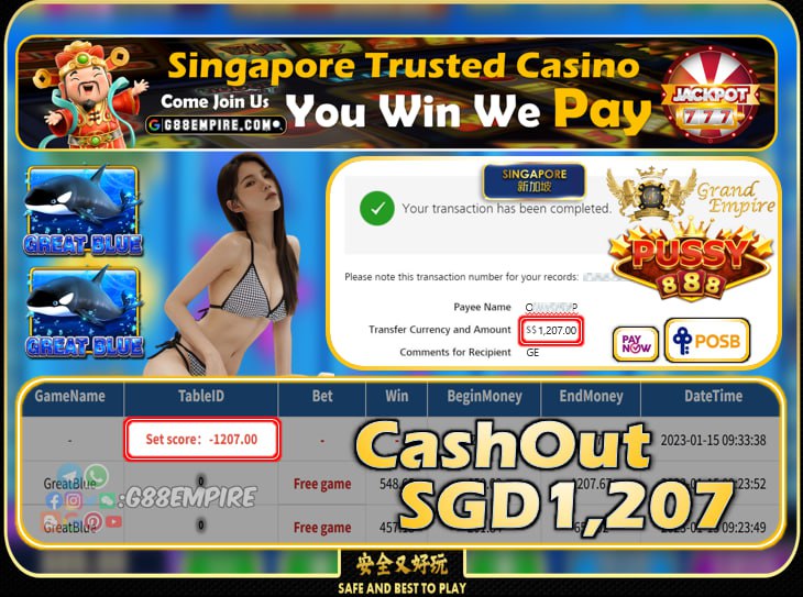 PUSSY888 ~ GREATBLUE CASHOUT SGD1207!!!