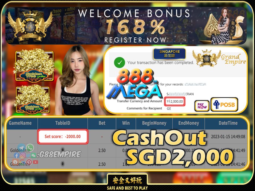 MEGA888 ~ GOLDENTREE CASHOUT SGD2000 !!!