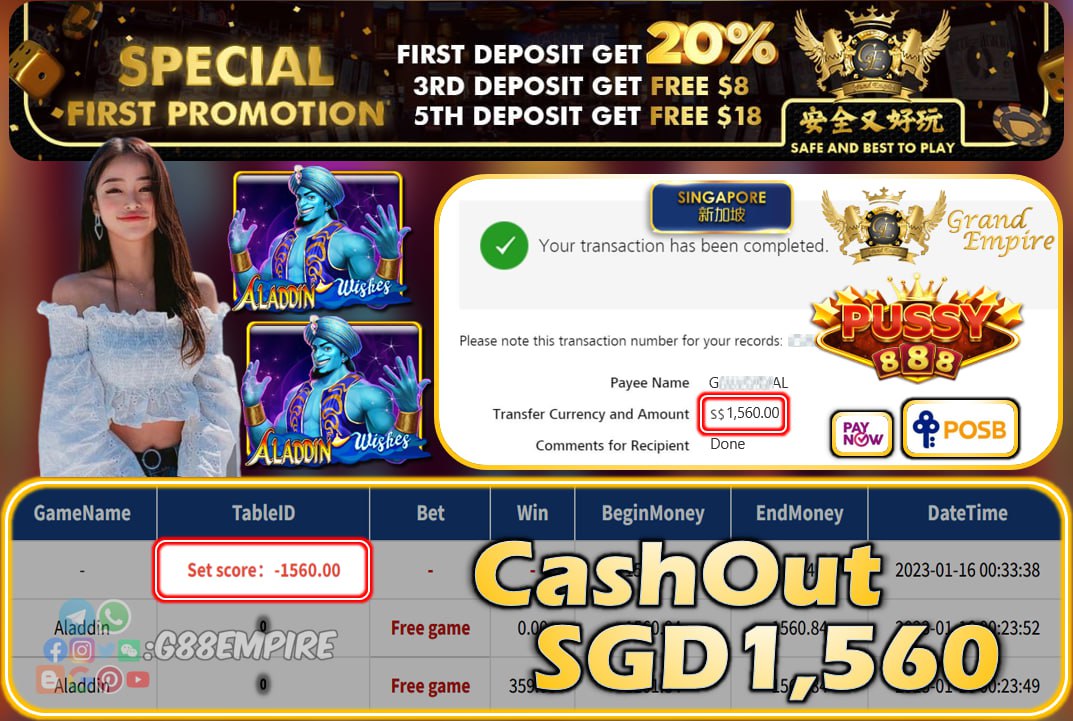 PUSSY888 ~ ALADDIN CASHOUT SGD1560!!!