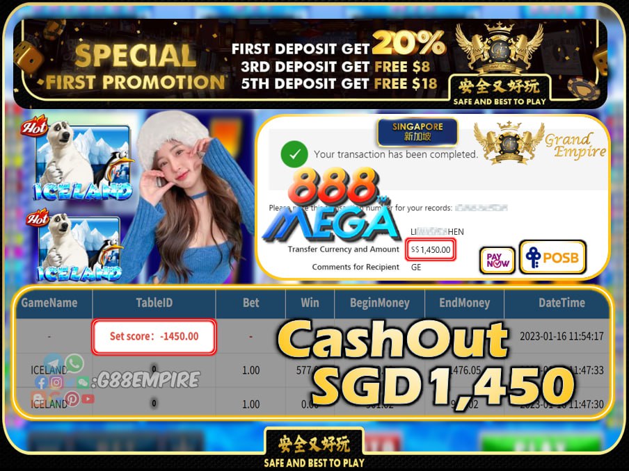 MEGA888 ~ ICELAND CASHOUT SGD1450 !!!