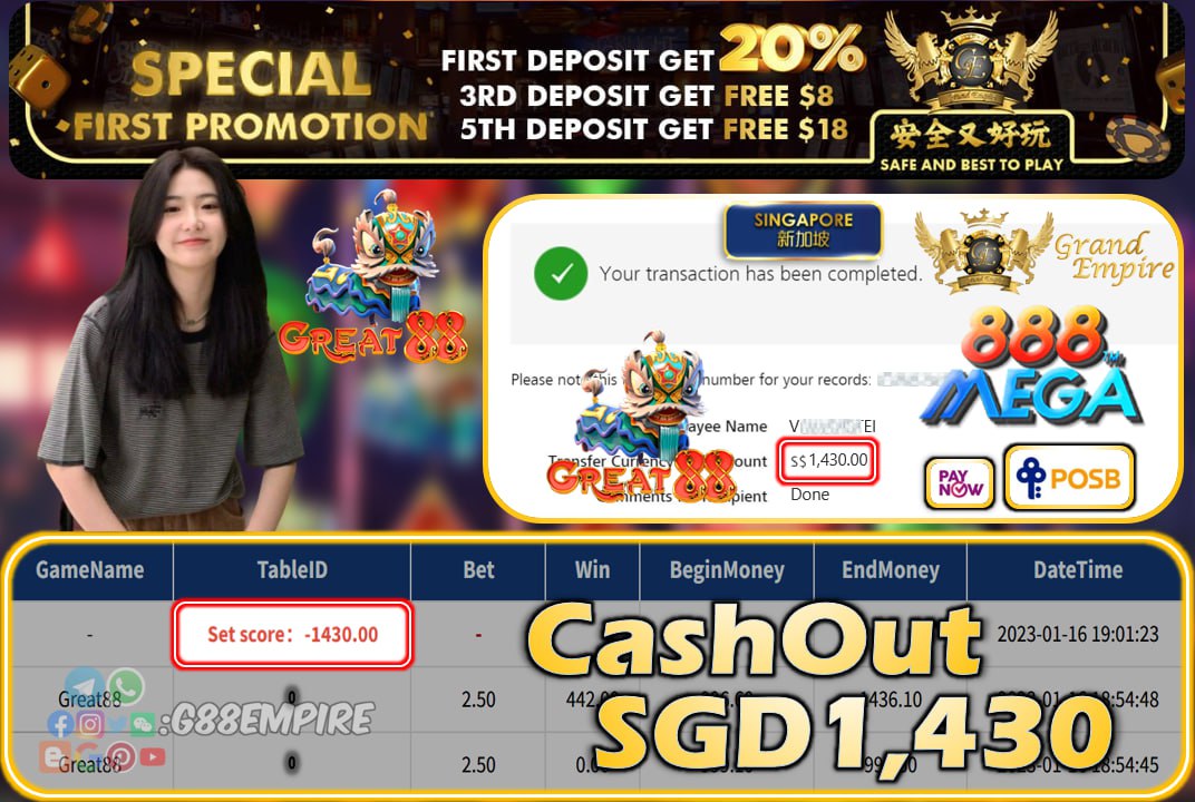 MEGA888 ~ GREAT88 CASHOUT SGD1430!!!