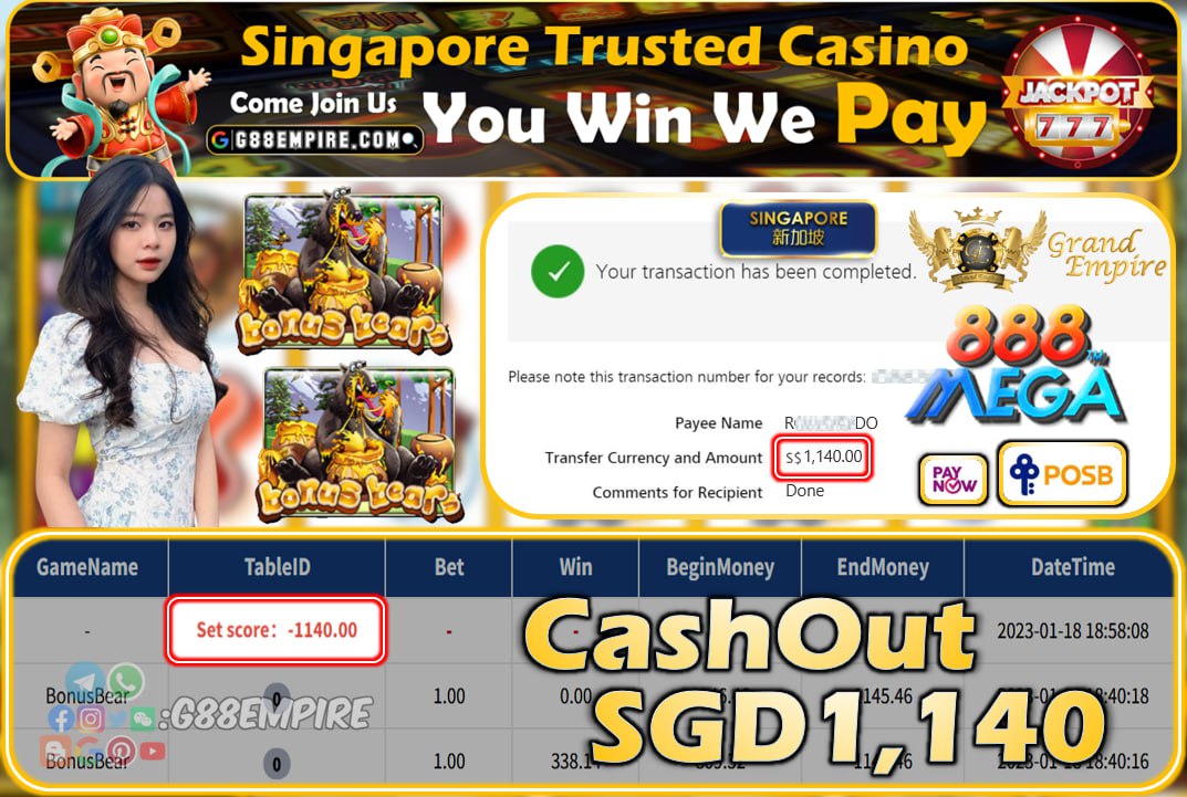 MEGA888 ~ BONUSBEAR CASHOUT SGD1140!!!