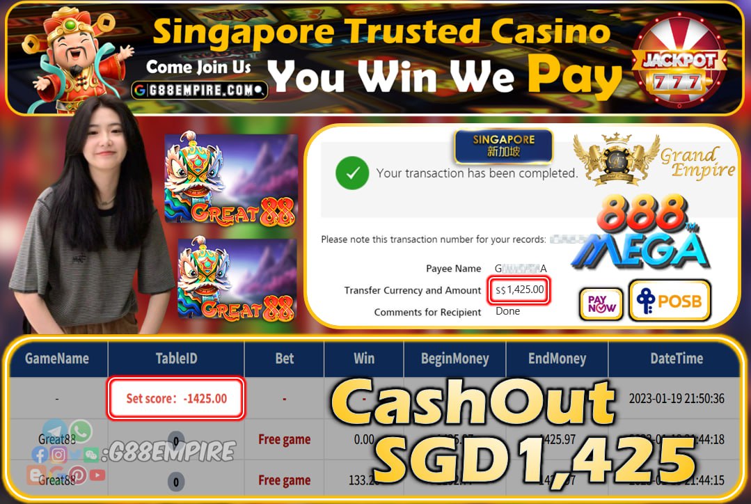 MEGA888 ~ GREAT88 CASHOUT SGD1425!!!