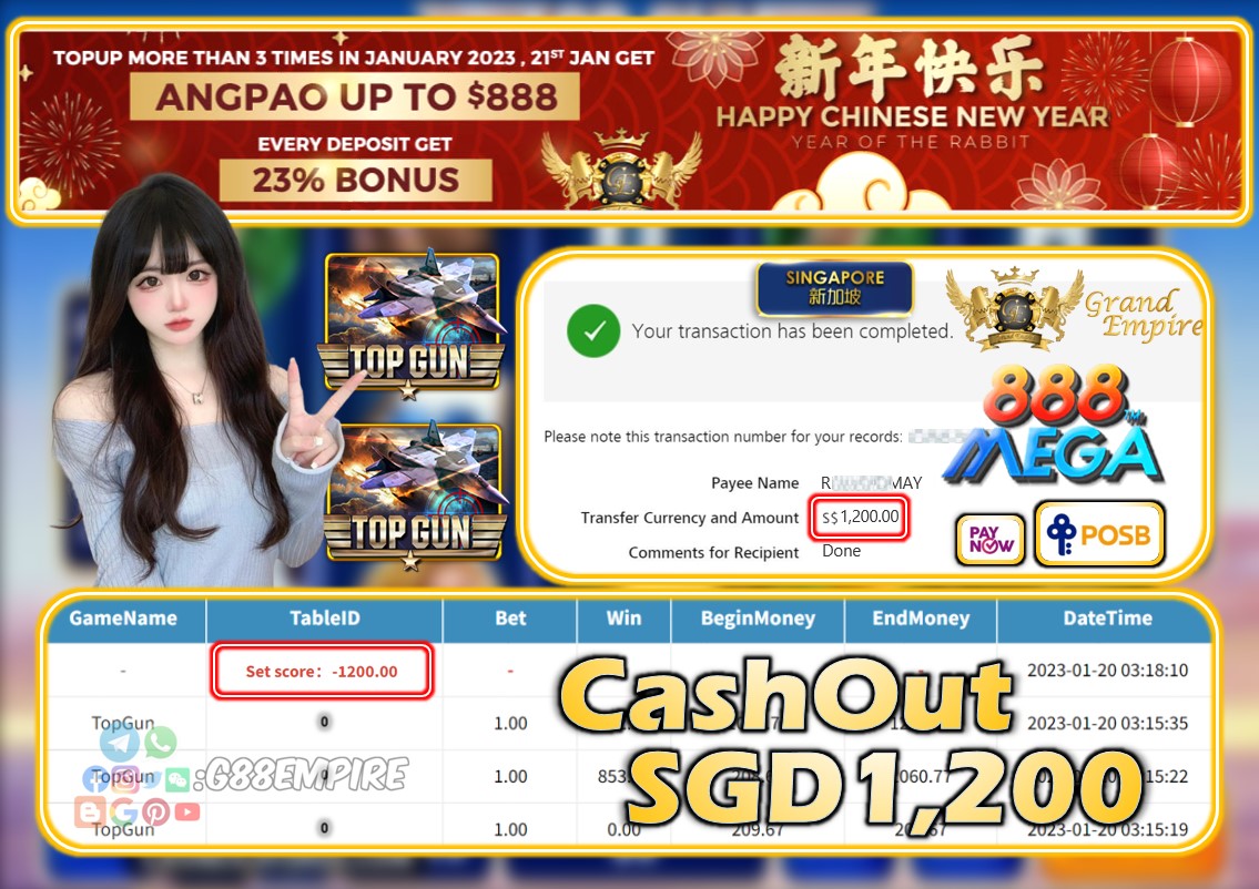 MEGA888 ~ TOPGUN CASHOUT SGD1200!!!