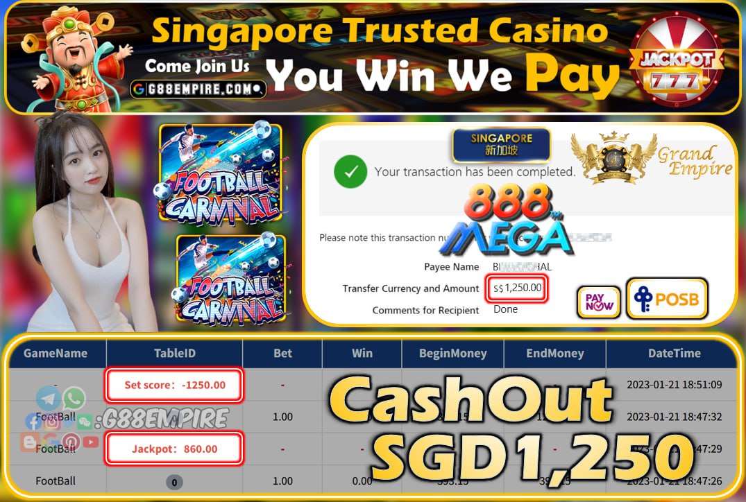 MEGA888 ~ FOOTBALL CASHOUT SGD1250!!!