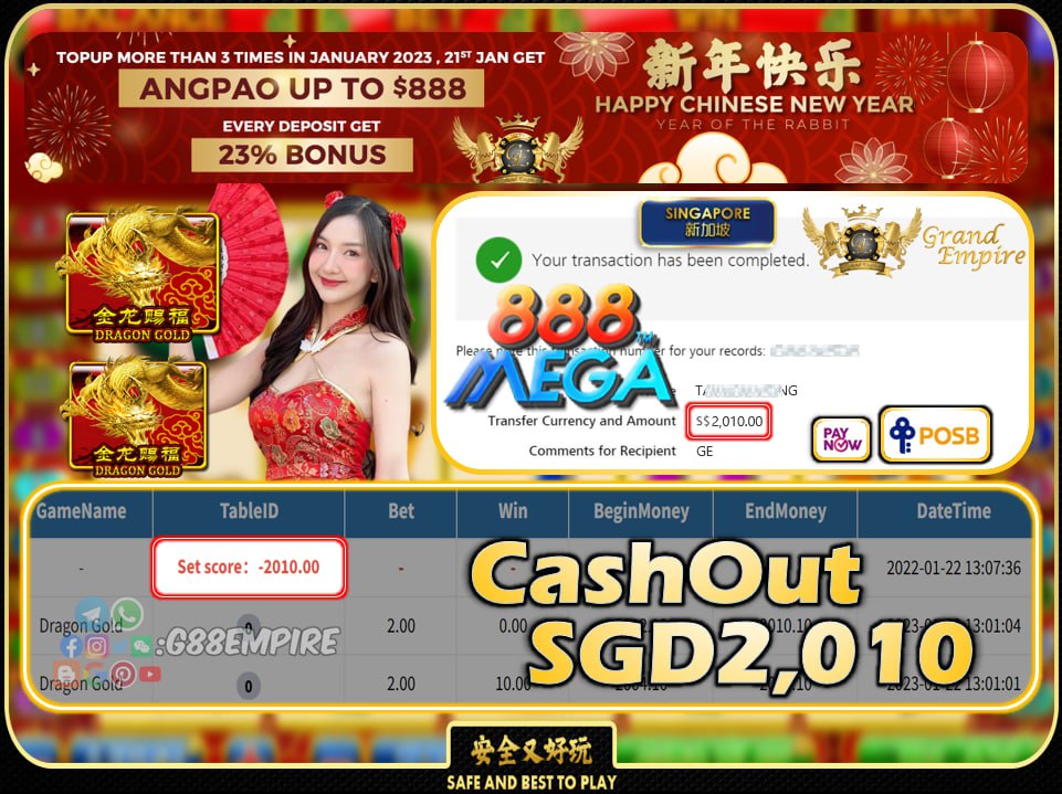 MEGA888 ~ DRAGON GOLD CASHOUT SGD2010 !!!