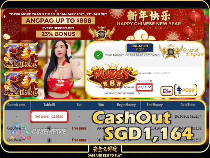 PUSSY888 ~ GODOFWEALTH CASHOUT SGD1164 !!!