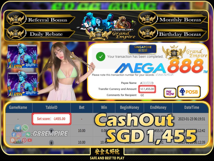 MEGA888 ~ ALADDIN CASHOUT SGD1455!!!