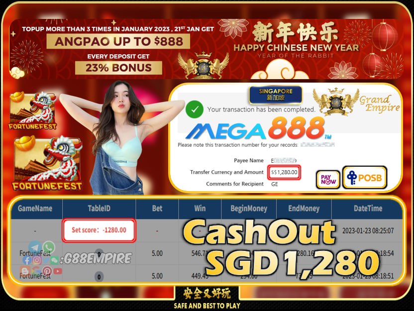 MEGA888 ~ FORTUNEFEST CASHOUT SGD1280!!!