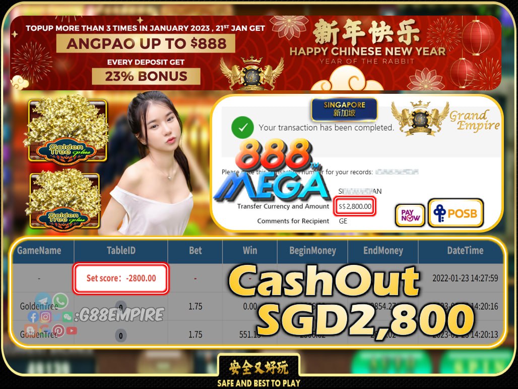 MEGA888 ~ GOLDENTREE CASHOUT SGD2800 !!!