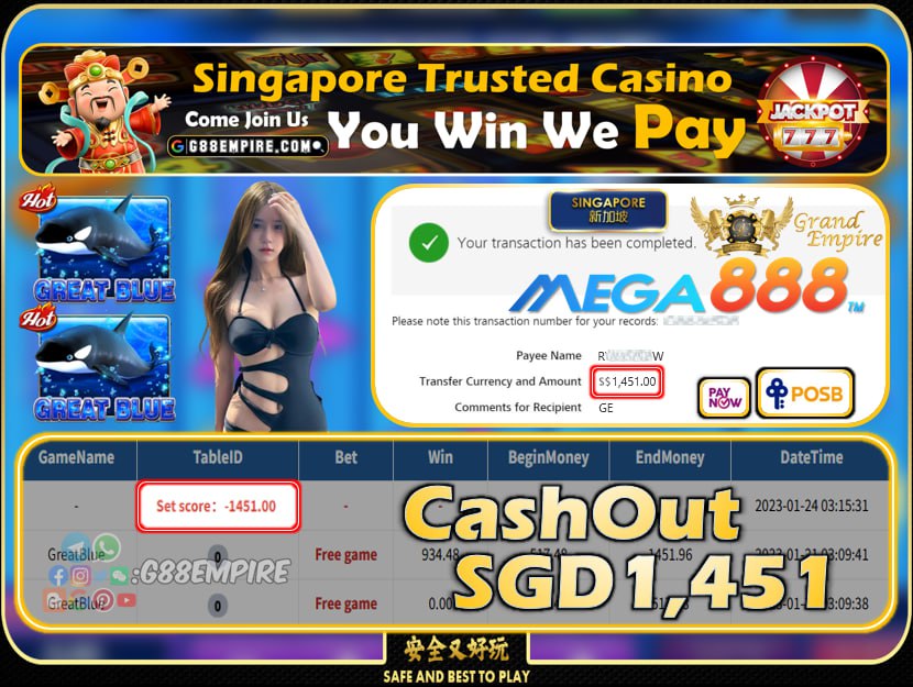 MEGA888 ~ GREATBLUE CASHOUT SGD1451!!!